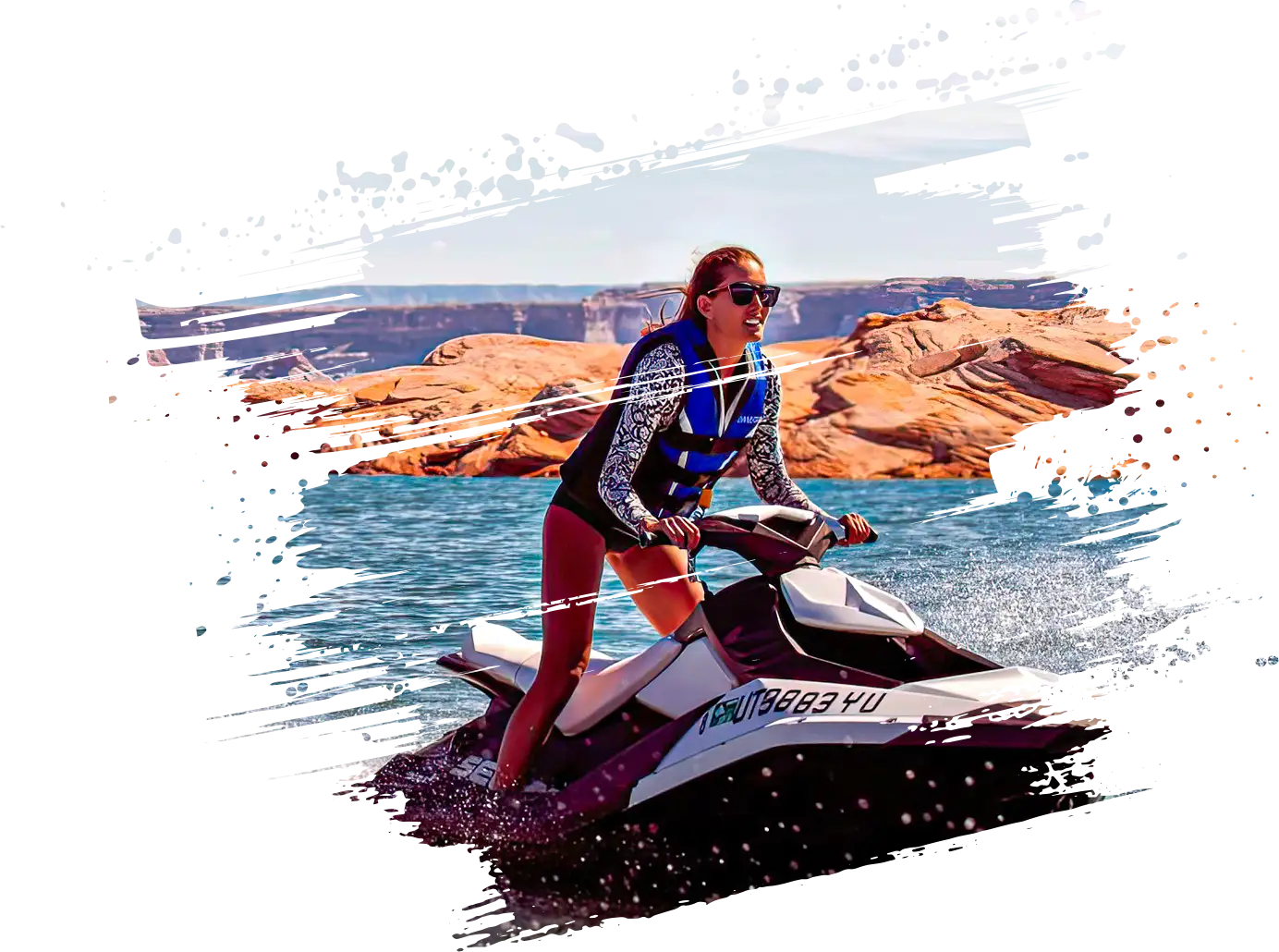 A female enjoying a ride on a jet ski across the water.